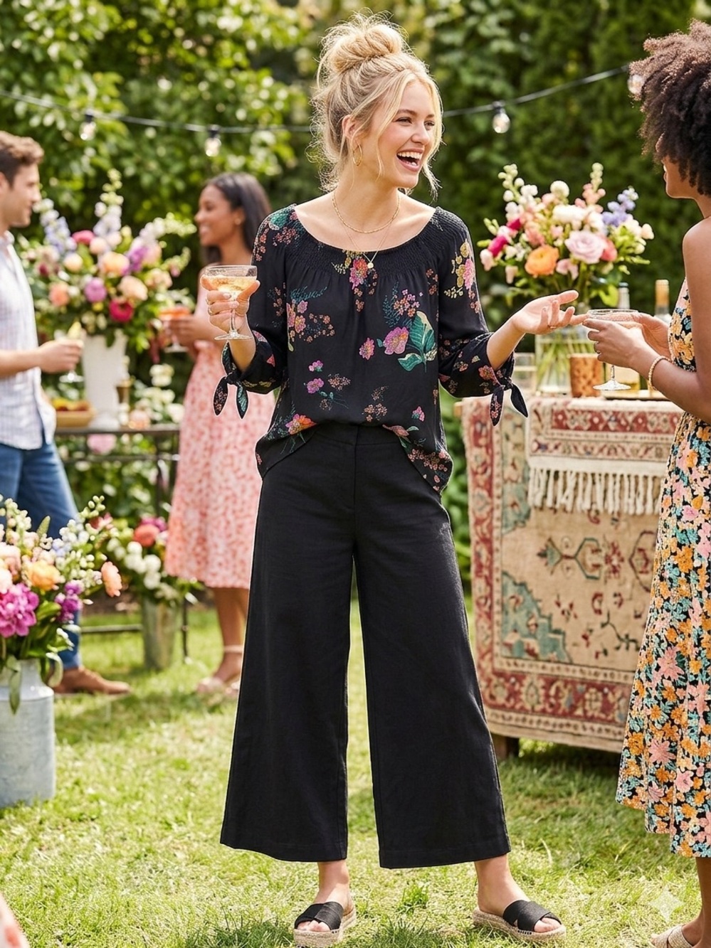 Love Stitch size M Black Floral Peasant Blouse - Flowing Tie-Sleeve Top